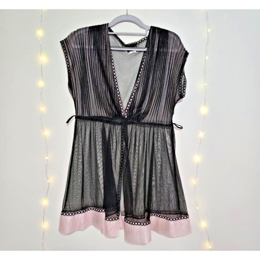 SEDUCTIVEWEAR by Cinema Etoile Sheer Black Mesh Babydoll Pink Ruffle Lingerie L